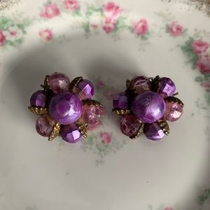 Vintage Purple Beaded Clip Earrings